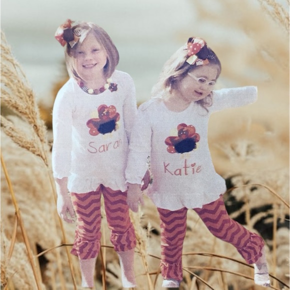 SarahKateBoutique Other - 💥Last One💥🦃 Girls Boutique 2pc. Ruffle Chevron Thanksgiving Turkey Outfit